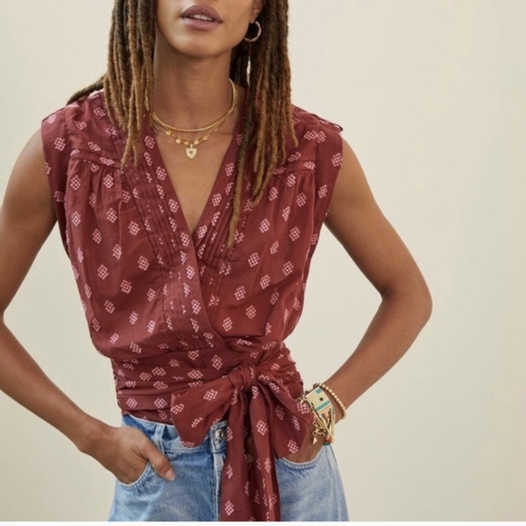 Anthropologie Tops - Anthropologie Burgundy & Pink Printed Tie Up Top, S, EUC